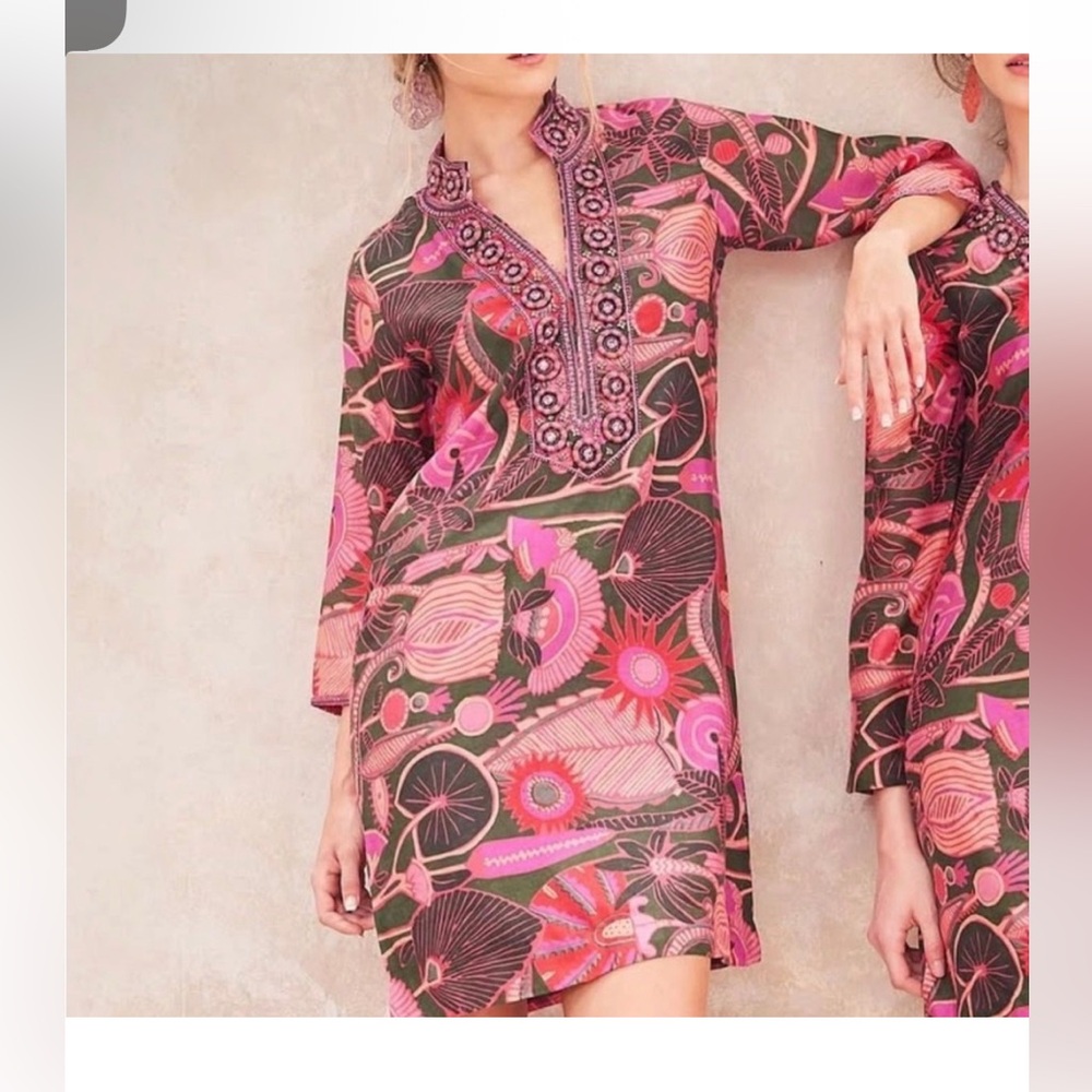 Bella Tu Embroidered Floral Beaded Pink Summer Modest Tunic Mini Dress Size XS